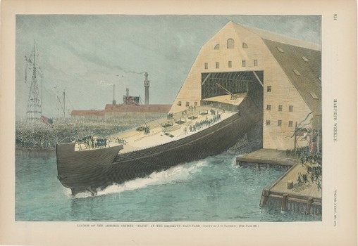 Launch of the USS Maine in 1890 as depicted in <em>Harper's Weekly</em>.